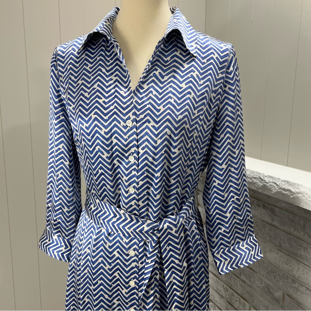 Brooks Brothers Silk Charmeuse Herringbone Print Blue Belted Shirt Dress 12 - Picture 2 of 6